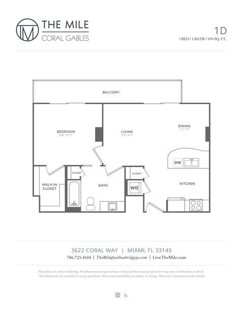Floor plan for 1 bed, 1 bath, 694 sqft